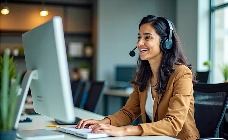 A woman in a beige blazer wearing a headset types on a desktop computer.