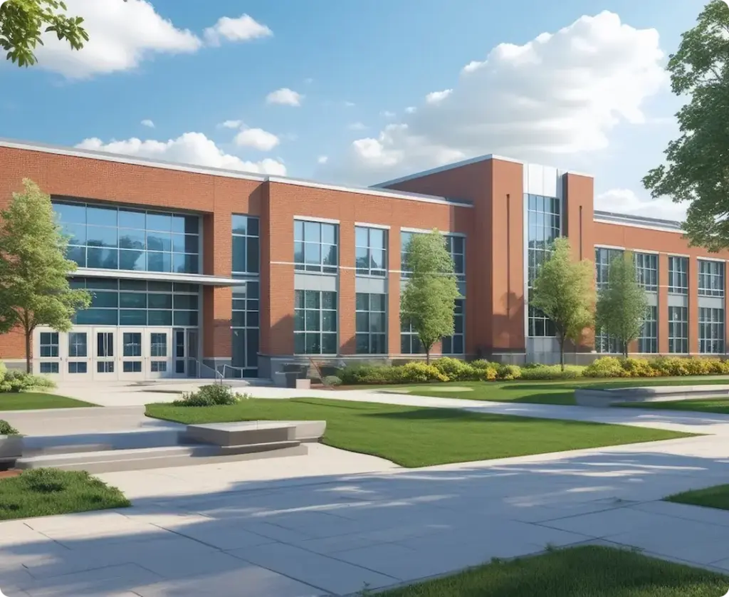 Three dimensional rendering of high school building pre-construction.