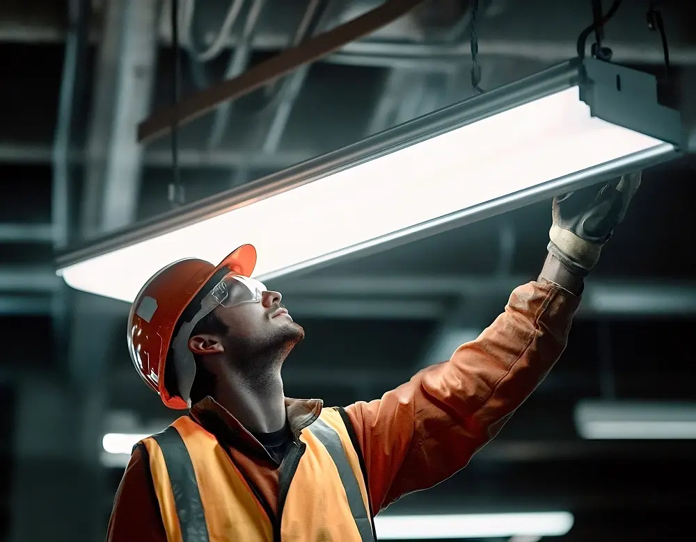 Lighting contractor installing LED ceiling lights as part of school construction project.